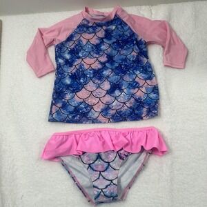 Rash Guard Swim Set Girls Large Pink Blue Mermaid Scale Ruffle Bikini Bottoms